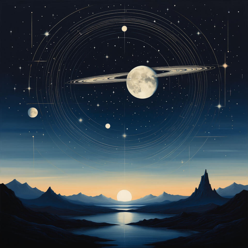 Symbolische Darstellung von Saturn und Mond in ruhiger Konstellation