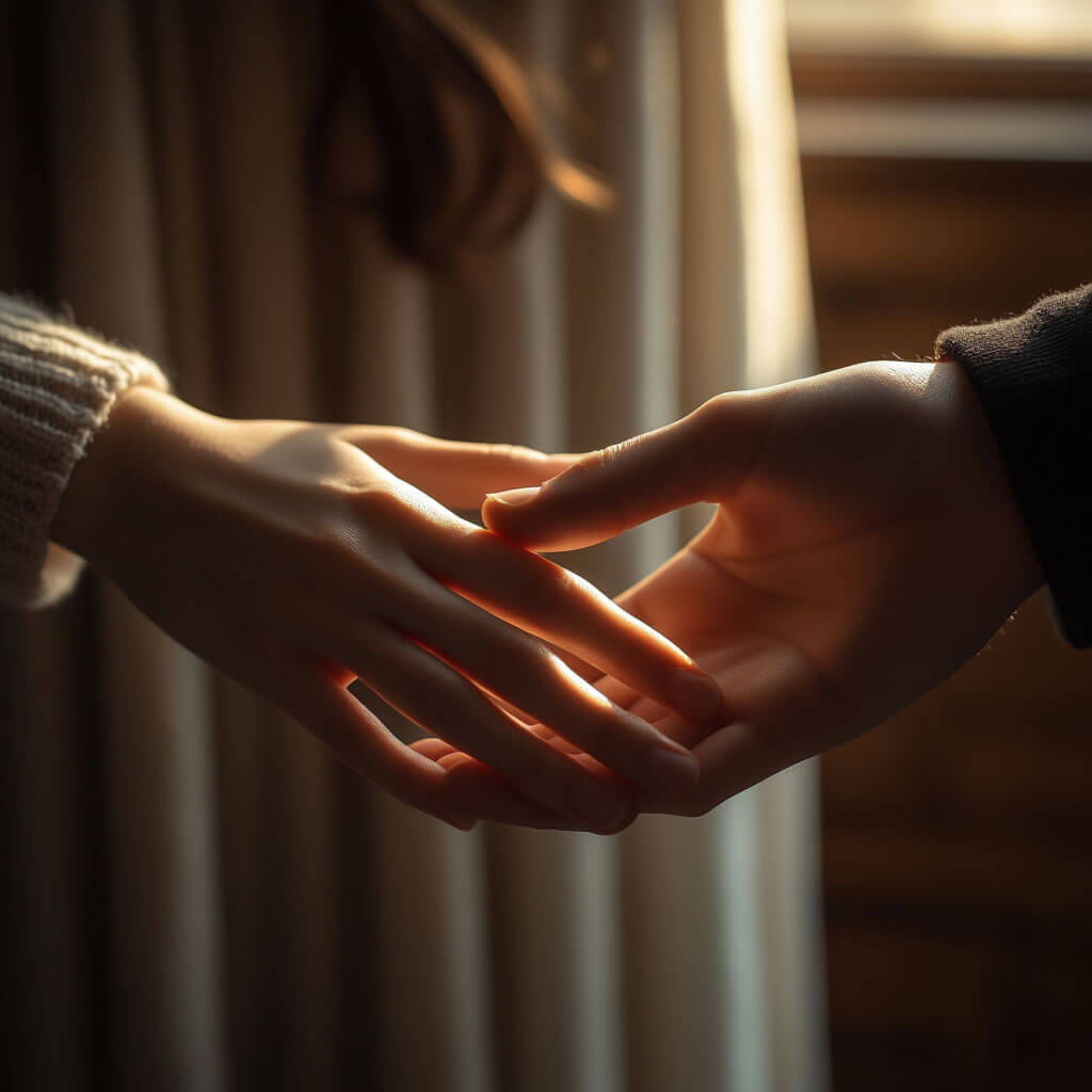 Zwei Hände, die sich in der Dunkelheit berühren – Symbol für Verbindung