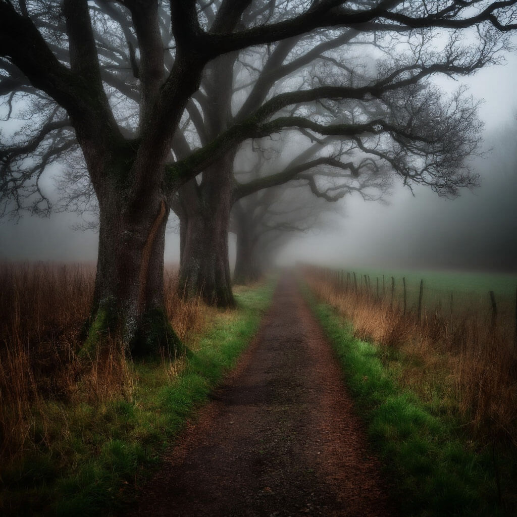 Ein einzelner Weg, der sich in Nebel verliert – Symbol für Ungewissheit