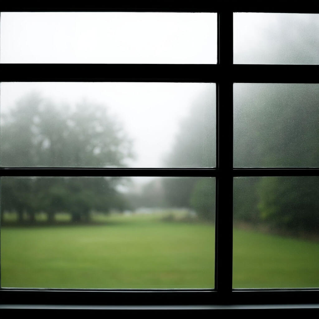 Ein Fenster, das auf einen stillen Garten blickt – Symbol für innere Ruhe